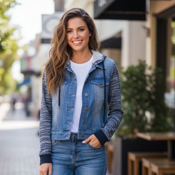 Bee & Ceci Los Angeles Hooded Denim Jacket | Knit Sleeves & Hood | L - Picture 1 of 6